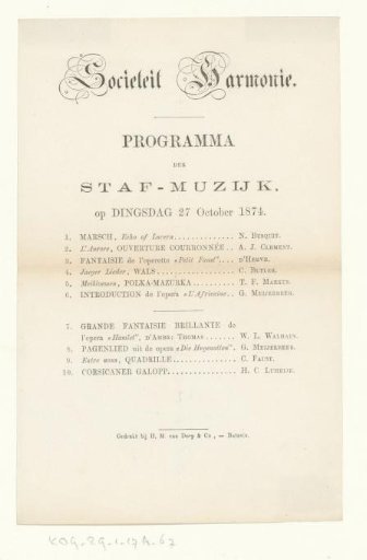 Programme for a concert in Sociëteit Harmonie on 27 October 1874