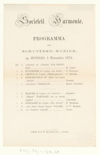 Programme for a concert in Sociëteit Harmonie on 1 November 1874