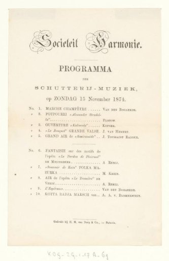 Programme for a concert in Sociëteit Harmonie on 15 November 1874