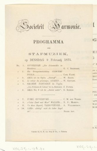Programme for a concert in Sociëteit Harmonie on 9 February 1875