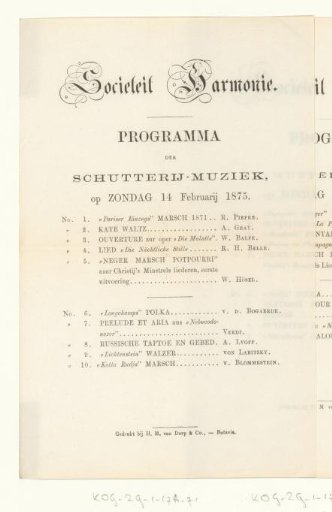Programme for a concert in Sociëteit Harmonie on 14 February 1875