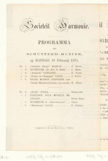 Programme for a concert in Sociëteit Harmonie on 28 February 1875