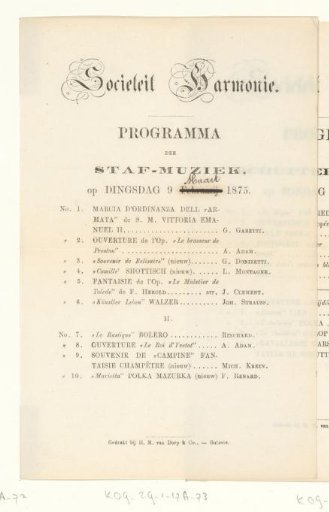 Programme for a concert in Sociëteit Harmonie on 9 March 1875