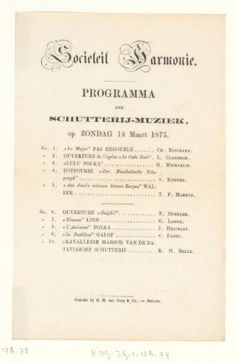 Programme for a concert in Sociëteit Harmonie on 14 March 1875