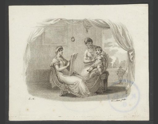 Mother and child being drawn by an artist