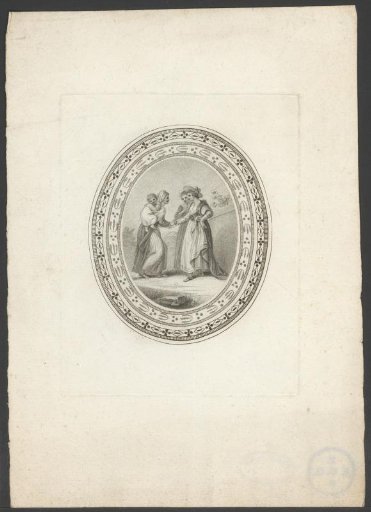 Woman with child on her back greets two other women