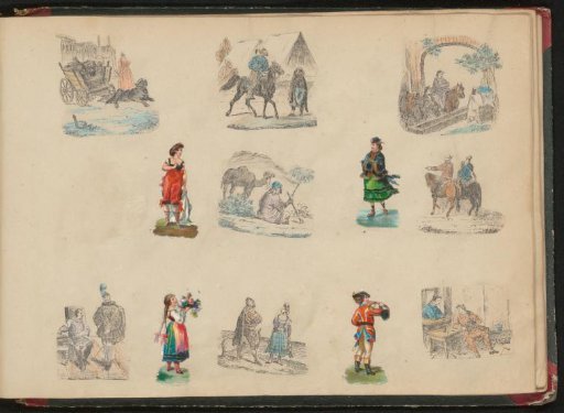 Album page with 8 print fragments and 4 pasted prints