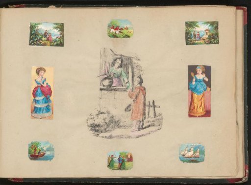 Album page with 8 pasted prints and a print fragment