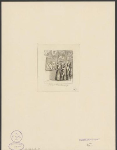 Three Women and Two Men Looking at Paintings