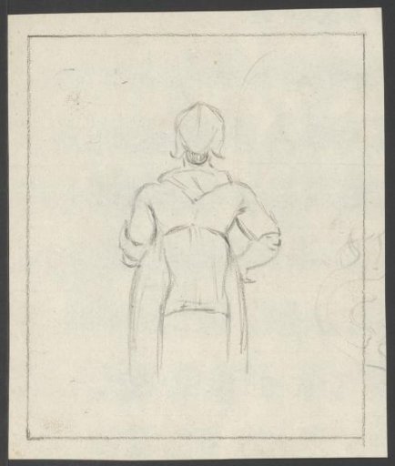 Standing woman in costume, seen from behind