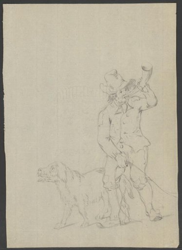 Man with a dog blowing on his horn