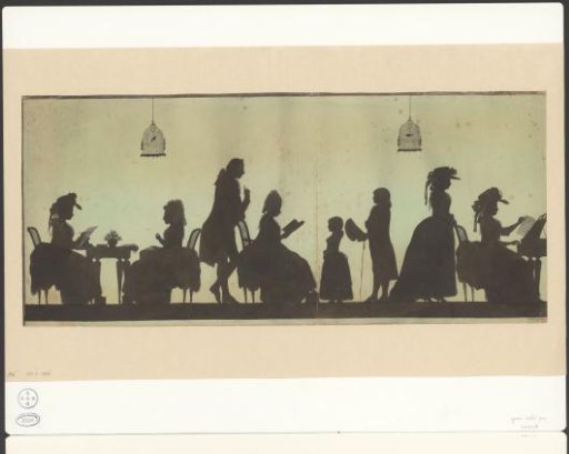 Silhouettes of women playing music, reading and doing needlework
