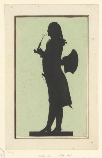 Silhouette portrait of an unknown standing man with pipe and stick