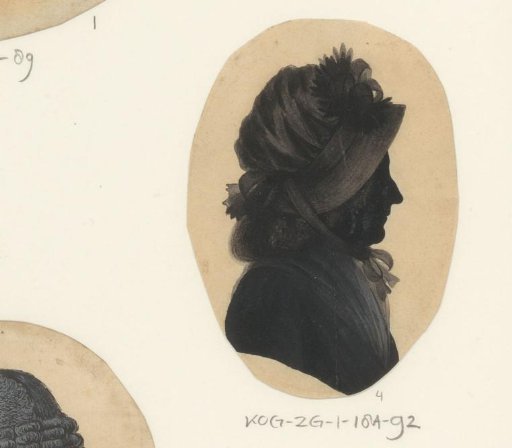 Silhouette portrait of an unknown woman with a cap with a stiff brim and flowers