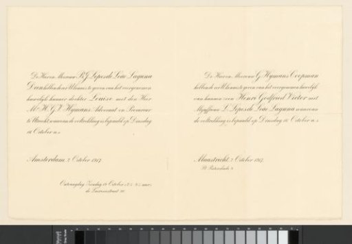 Announcement of the marriage between Louise Lopes de Leâo Laguna and Henri Godfried Victor Hijmans, on 16 October 1917