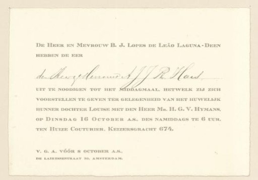 Invitation to the wedding banquet on the occasion of the marriage between Louise Lopes de Leâo Laguna and Henri Godfried Victor Hijmans, on 16 October 1917