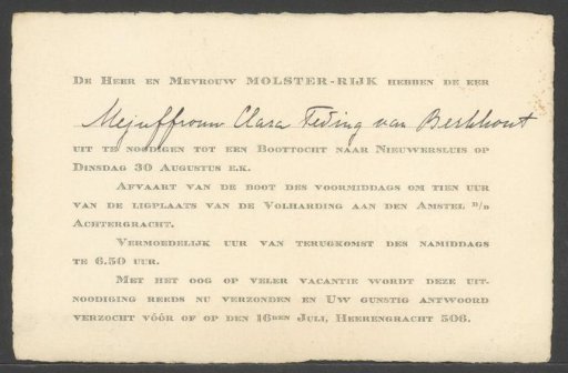 Invitation to a boat trip to Nieuwersluis, probably on the occasion of the silver wedding of Prof. Mr. F.A. Molster and Mrs. C.J. Molster-Rijk, 1927