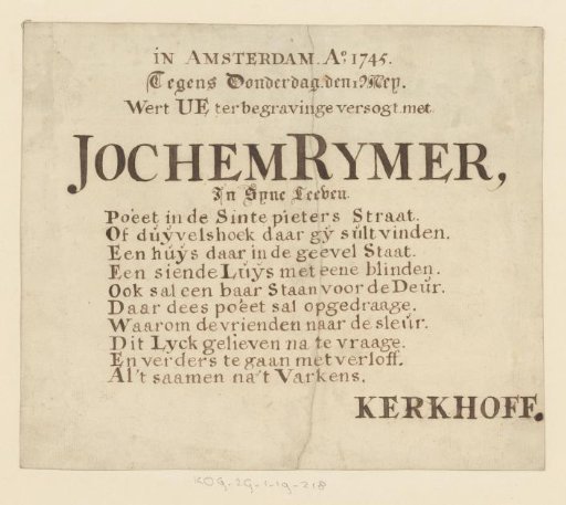 Handwritten funeral notice of Jochem Rymer, 1 May 1745