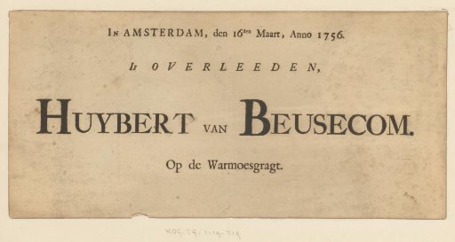 Death notice of Huybert van Beusecom, 16 March 1756