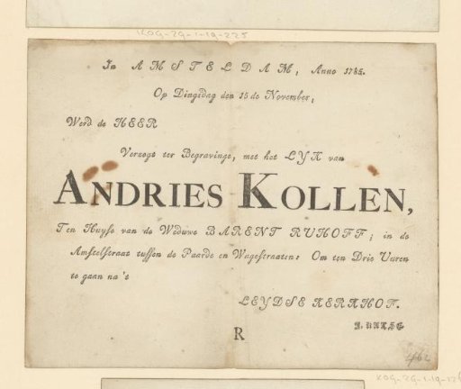 Funeral notice of Andries Kollen, 15 November 1785