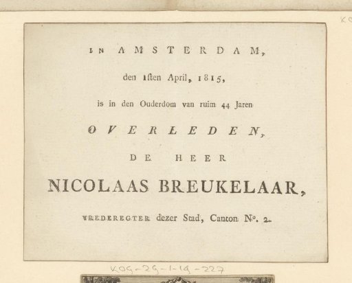 Death notice of Nicolaas Breukelaar, 1 April 1815