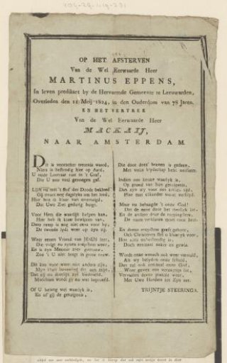 Mourning verse for the minister Martinus Eppens, 11 May 1824