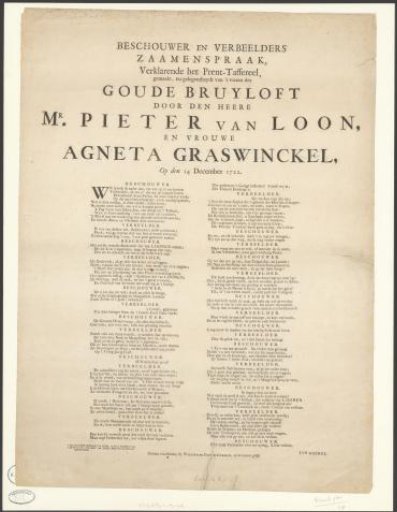 Conversation between the Spectator and the Imagination, Explaining the Print-Tableau, Made on the Occasion of the Golden Wedding of Mr. Pieter van Loon and Mrs. Agneta Graswinckel, on December 14, 1722