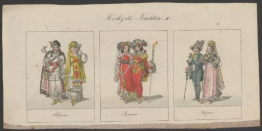Six couples in traditional costumes of Illyrians, Spaniards, and persons from Steyer