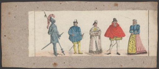Five theater costumes, including a knight