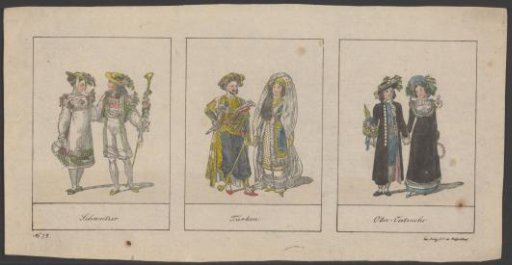 Three couples in traditional costumes of Swiss, Turks, and Austrians