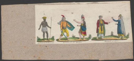 Costumes of the inhabitants of Louisiana, the Maldives, and Morocco