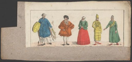 Five theater costumes, including a pope