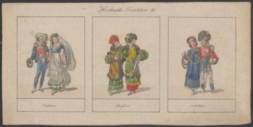 Three couples in traditional costumes of Italians, Russians, and Scots