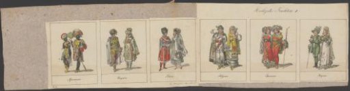 Six couples in traditional costumes of an African people, Hungarians, Poles, Illyrians, and Spaniards