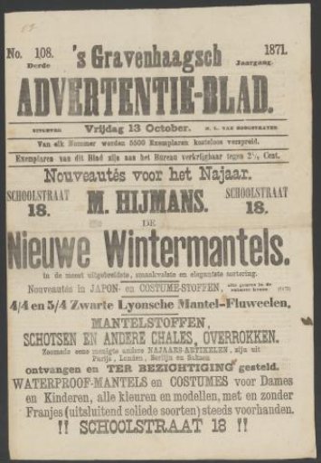 's-Gravenhage Advertisement Sheet, 13 October 1871