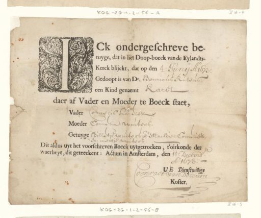 Extract from the Baptismal Register of the Eylandts-Kerck, 1673