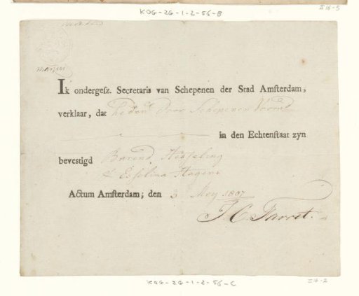 Confirmation of the Marriage between Barend Hesseling and Esselina Hagens, 1807
