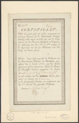 Certificate, which shall be accepted as ready money in any execution that the National Assembly might be obliged to undertake against the inhabitants of the Province of Holland (...)