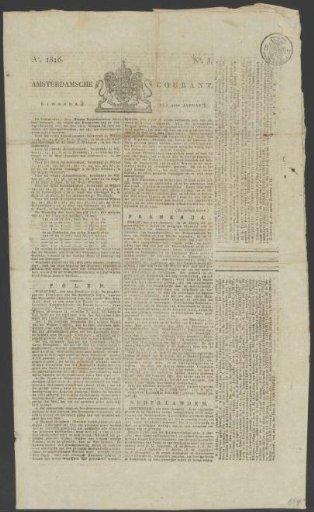 Amsterdam Newspaper, 9 January 1816