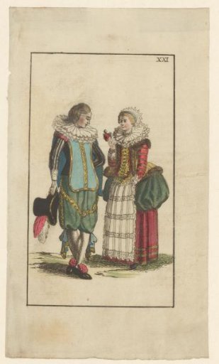 Staande man en vrouw in kleding van ca. 1625