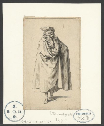 Gentleman in a long cape, with hat, seen from the front