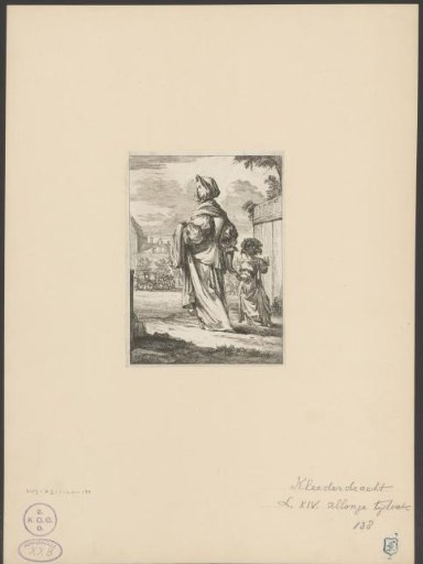 Lady with a hood, holding a child by the hand