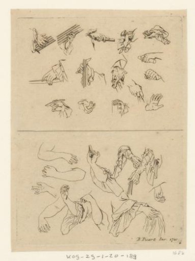 Study with various positions of hands and a study of a dress regarding the draping of a sleeve around an arm