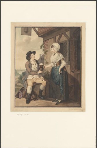 Landlady giving a traveler a mug of beer
