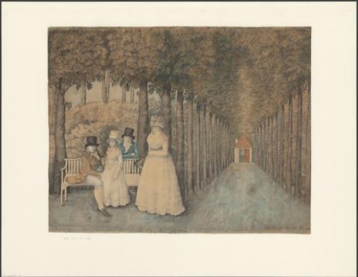 Family portrait of an unknown family in a garden with a lime avenue