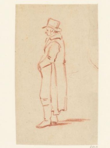 Standing man with tall hat and his hands on his stomach