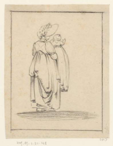 Woman with a child on her arm, seen from behind