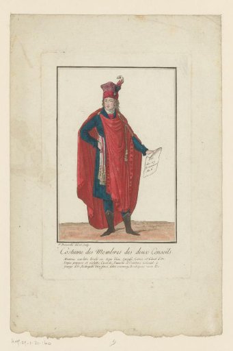 Costume consisting of a cloak with tassels and a sash