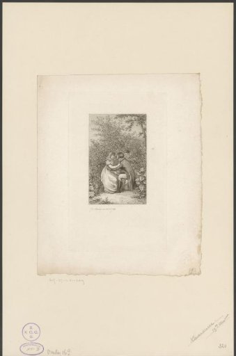 Two lovers in a garden, being spied upon from a thicket