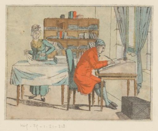 Woman ironing and a man writing
